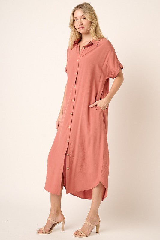 Mittoshop - Short Sleeve Midi Shirt Dress in Clay