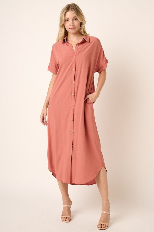 Mittoshop - Short Sleeve Midi Shirt Dress in Clay