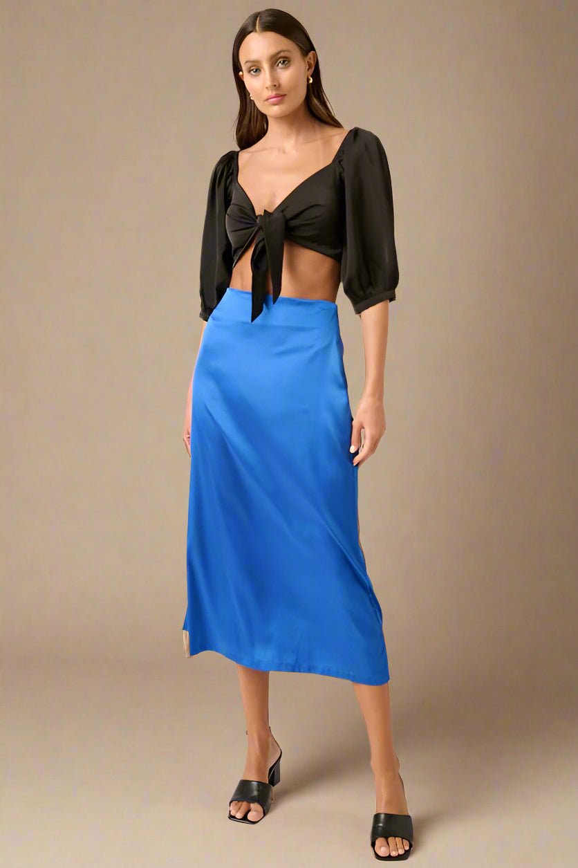 Mittoshop - Side Slit Satin Midi Skirt in Sapphire