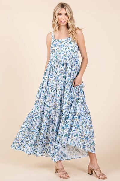 Mittoshop - Sky Blue Flower Print Sleeveless Maxi Dress