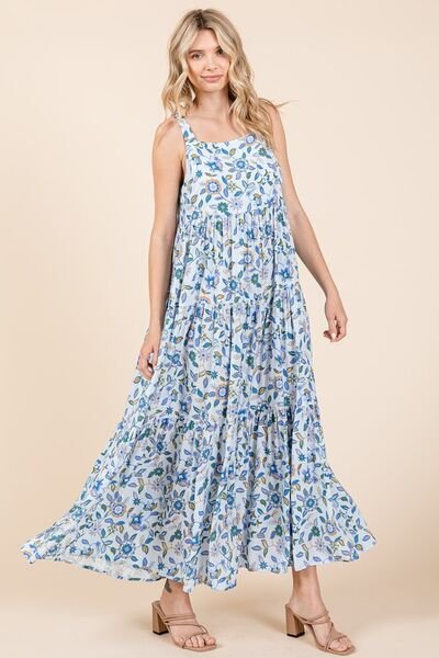 Mittoshop - Sky Blue Flower Print Sleeveless Maxi Dress