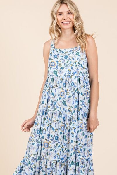 Mittoshop - Sky Blue Flower Print Sleeveless Maxi Dress