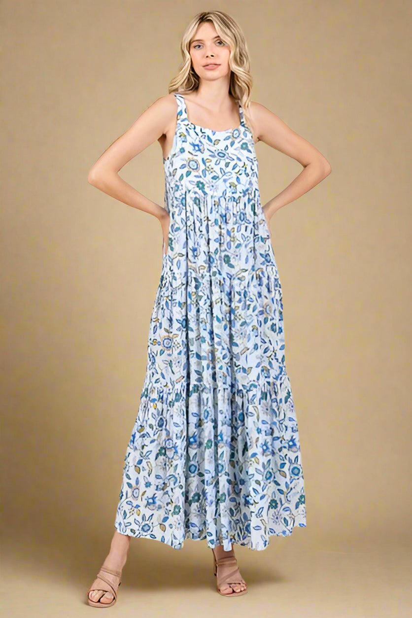 Mittoshop - Sky Blue Flower Print Sleeveless Maxi Dress