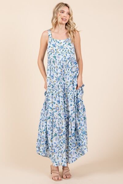 Mittoshop - Sky Blue Flower Print Sleeveless Maxi Dress