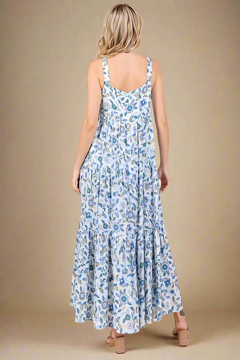 Mittoshop - Sky Blue Flower Print Sleeveless Maxi Dress