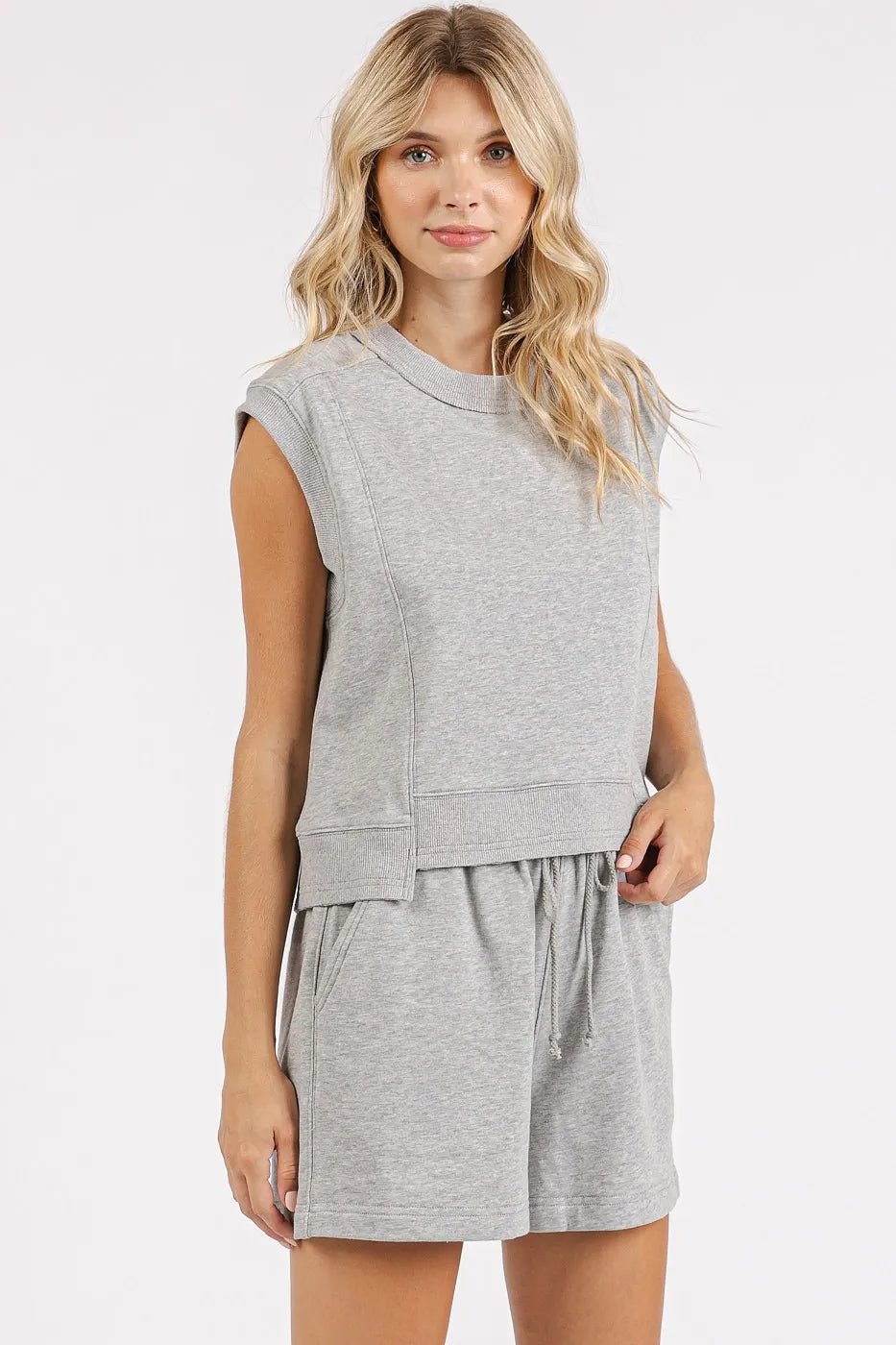Mittoshop - Sleeveless Sweatshirt & Drawstring Shorts Set in Heather Gray