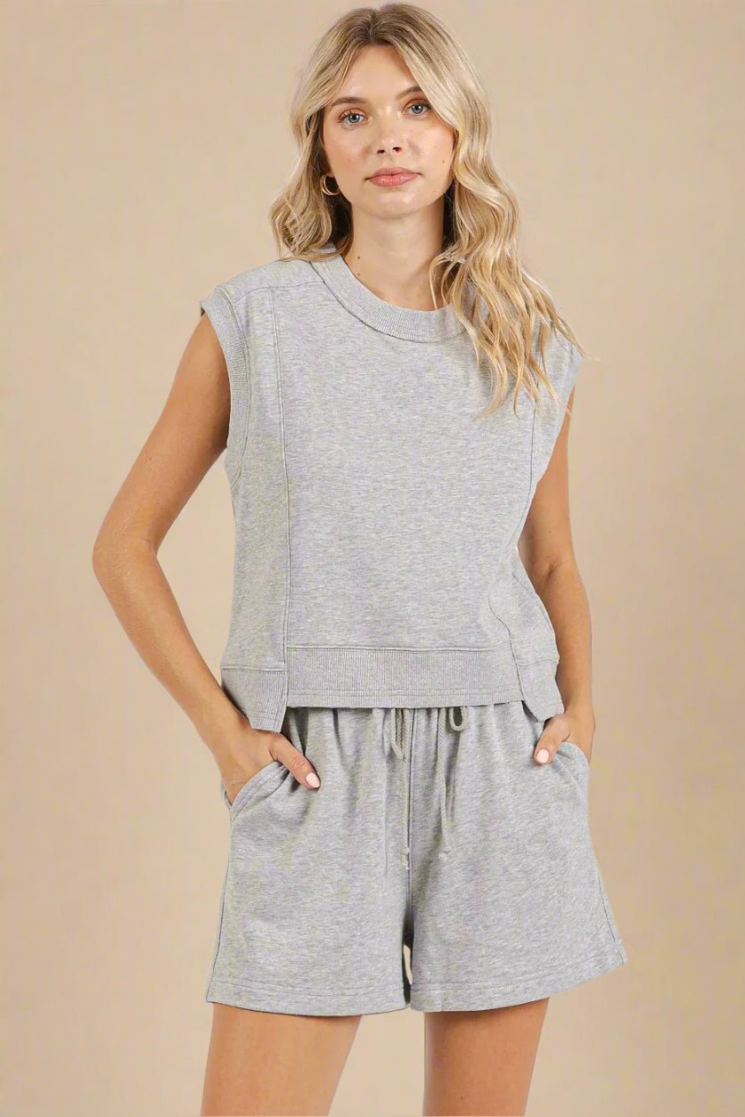 Mittoshop - Sleeveless Sweatshirt & Drawstring Shorts Set in Heather Gray
