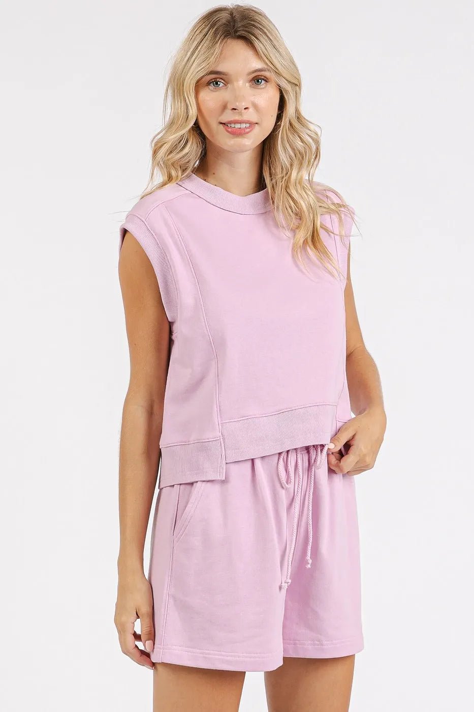 Mittoshop - Sleeveless Sweatshirt & Drawstring Shorts Set in Soft Orchid Pink