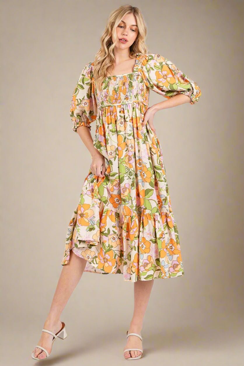 Mittoshop - Smocked Floral Puff Sleeve Midi Dress in Orange & Green