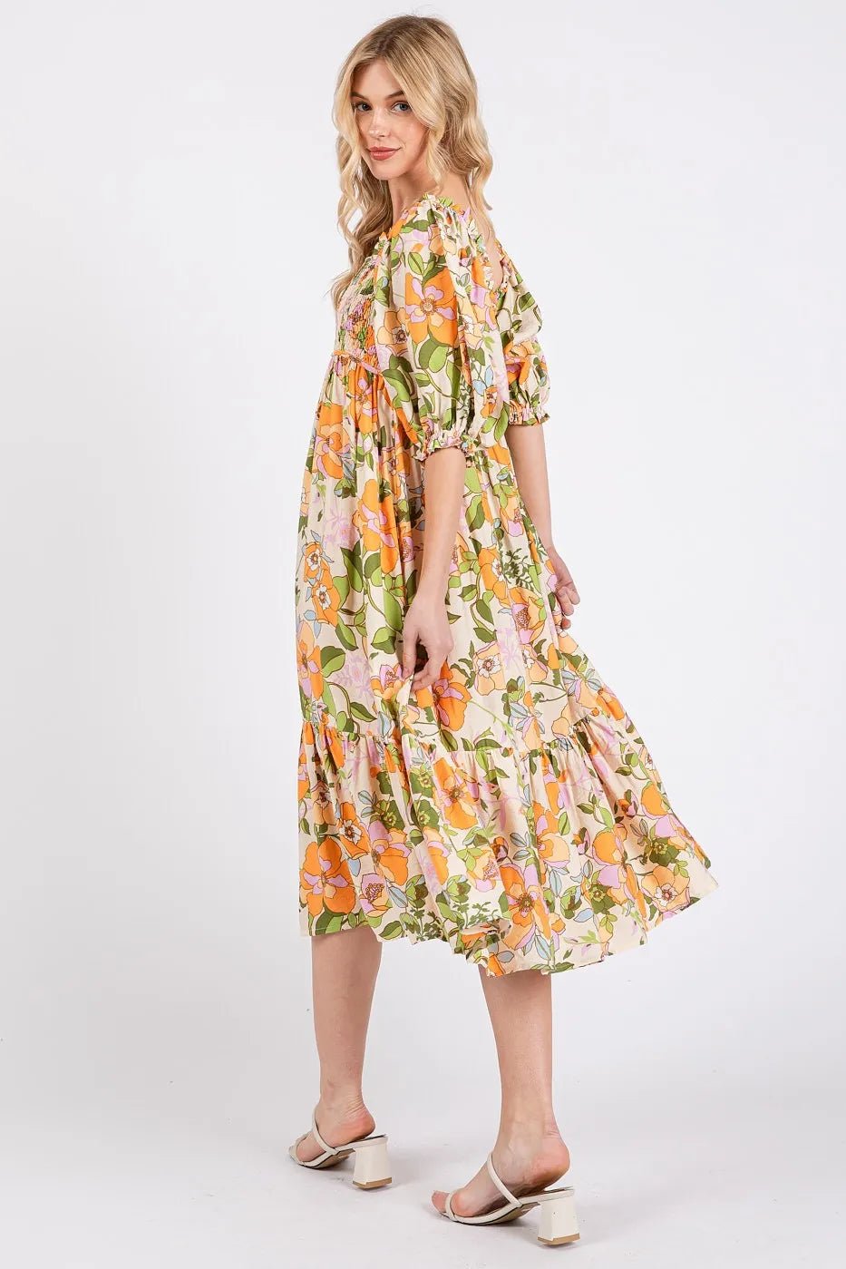 Mittoshop - Smocked Floral Puff Sleeve Midi Dress in Orange & Green
