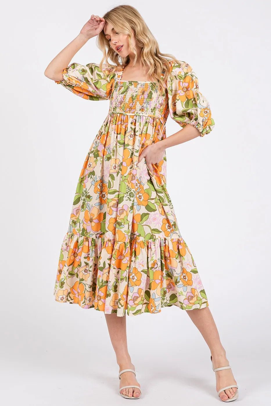 Mittoshop - Smocked Floral Puff Sleeve Midi Dress in Orange & Green