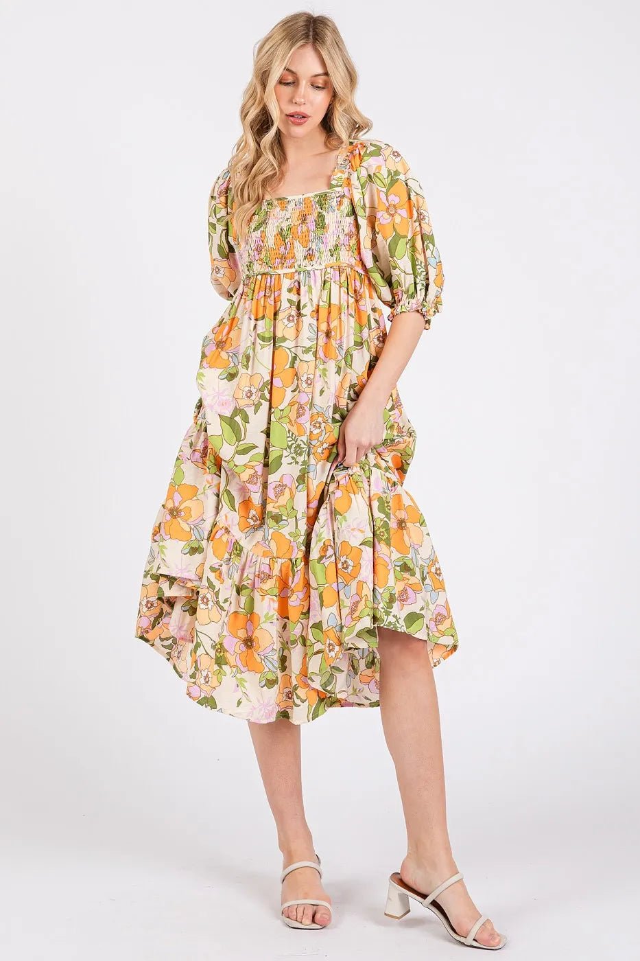Mittoshop - Smocked Floral Puff Sleeve Midi Dress in Orange & Green