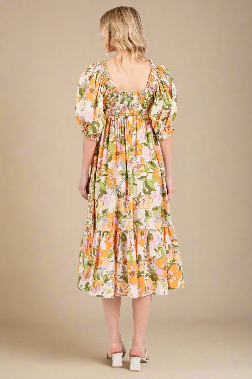 Mittoshop - Smocked Floral Puff Sleeve Midi Dress in Orange & Green