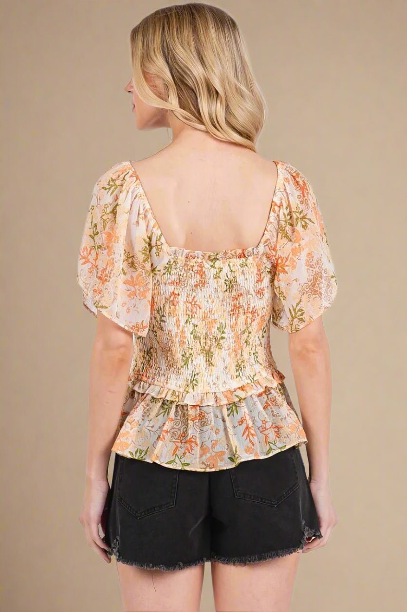 Mittoshop - Smocked Peplum Flutter Sleeve Top – Peach & Olive Floral