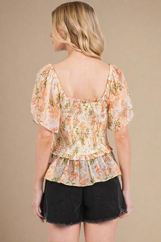 Mittoshop - Smocked Peplum Flutter Sleeve Top – Peach & Olive Floral
