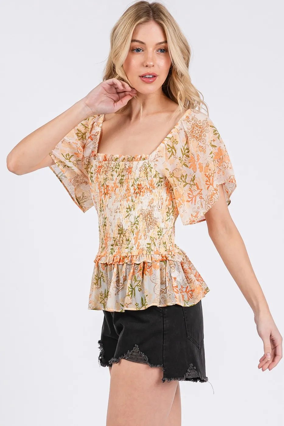 Mittoshop - Smocked Peplum Flutter Sleeve Top – Peach & Olive Floral