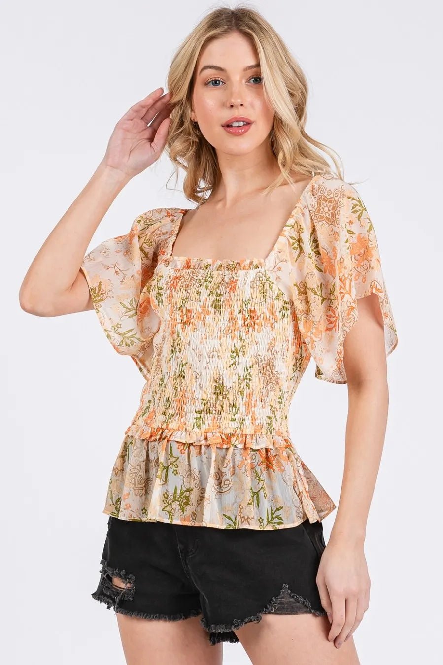 Mittoshop - Smocked Peplum Flutter Sleeve Top – Peach & Olive Floral