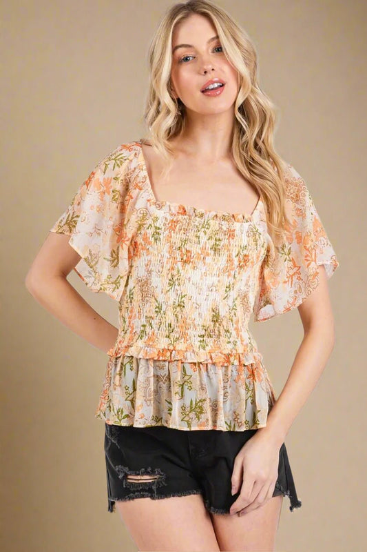 Mittoshop - Smocked Peplum Flutter Sleeve Top – Peach & Olive Floral
