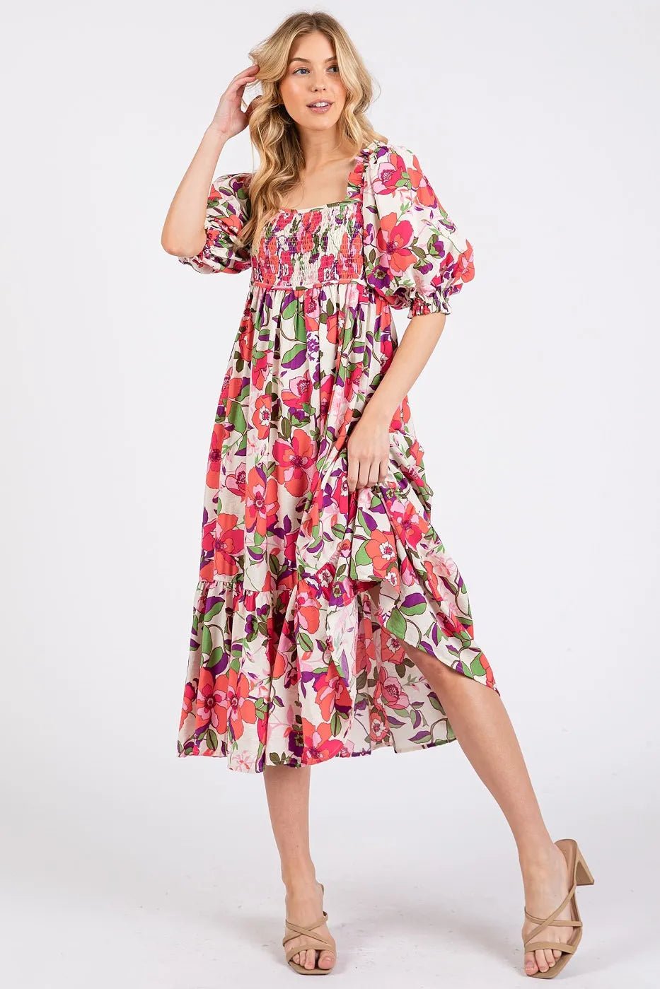 Mittoshop - Smocked Puff Sleeve Midi Dress in Pink & Red Floral