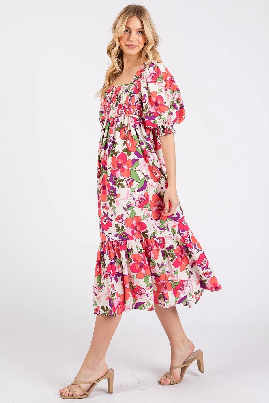Mittoshop - Smocked Puff Sleeve Midi Dress in Pink & Red Floral