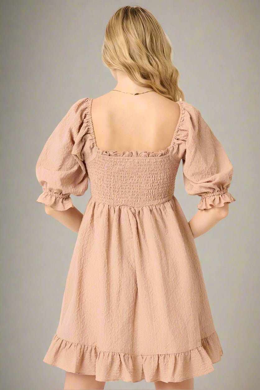 Mittoshop - Smocked Ruffled Half Sleeve Mini Dress in Taupe