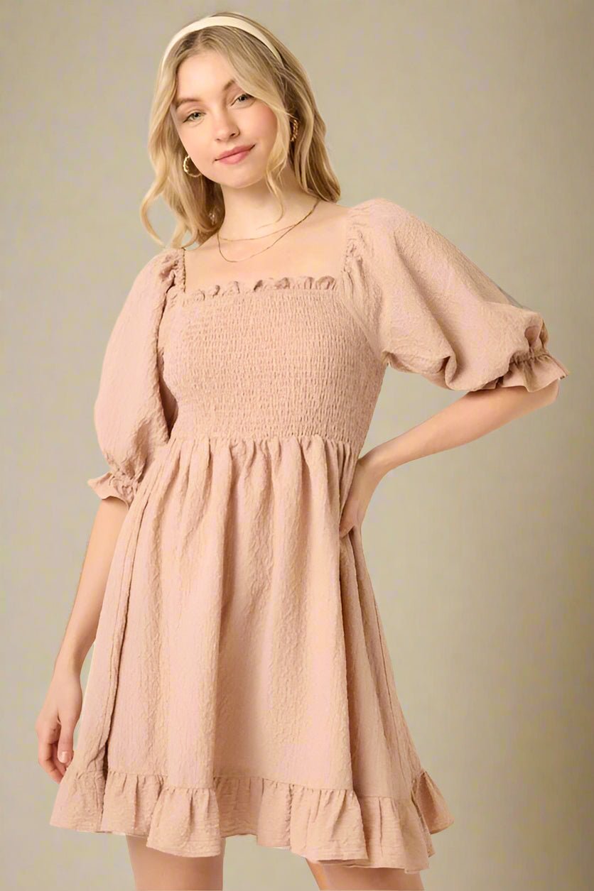 Mittoshop - Smocked Ruffled Half Sleeve Mini Dress in Taupe