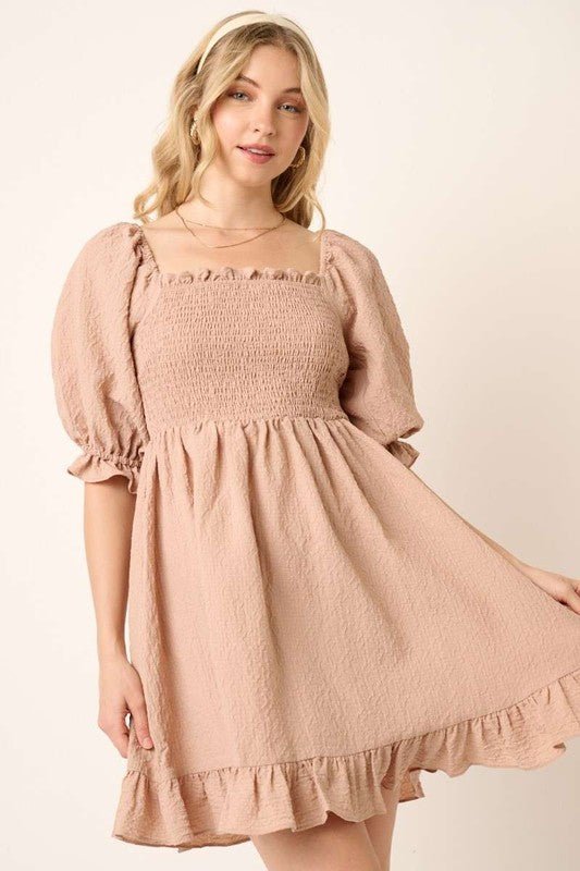 Mittoshop - Smocked Ruffled Half Sleeve Mini Dress in Taupe
