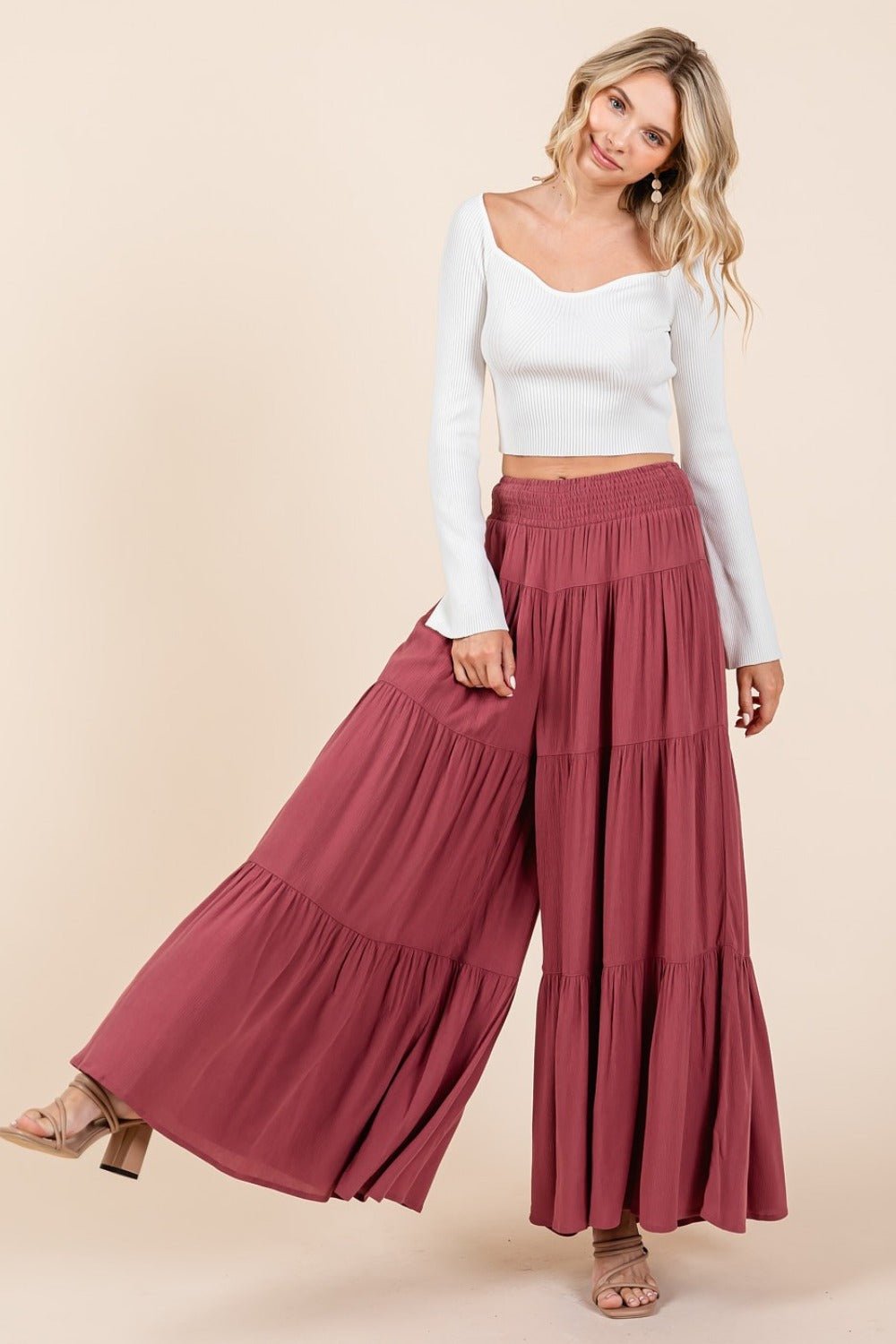 Mittoshop - Smocked Waist Wide Leg Pants in Sienna