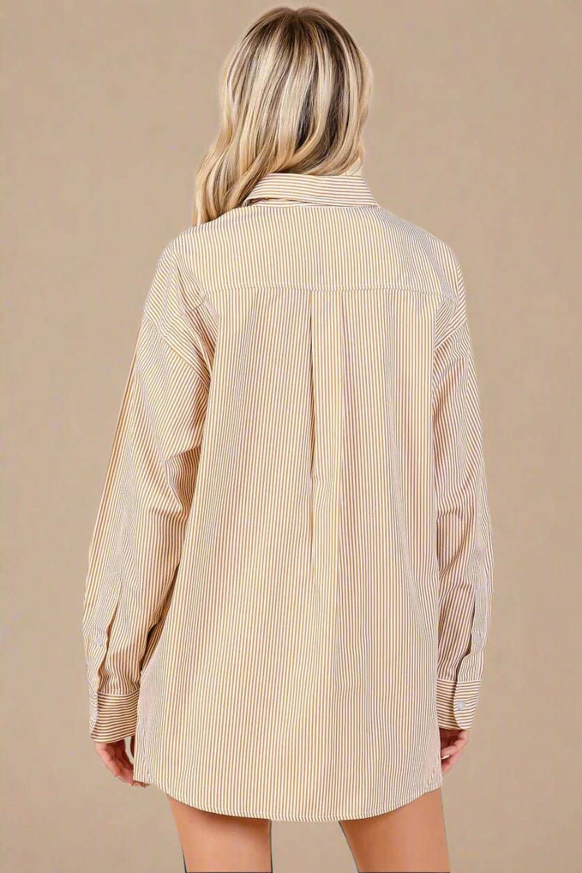 Mittoshop - Striped Button Down Shirt & Shorts Set in Mocha/Ivory