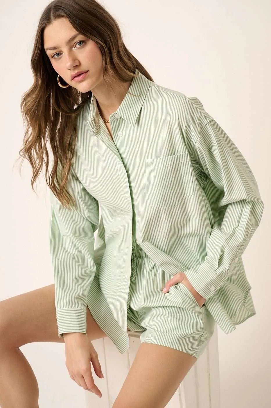 Mittoshop - Striped Button Down Shirt & Shorts Set in Sage/Ivory