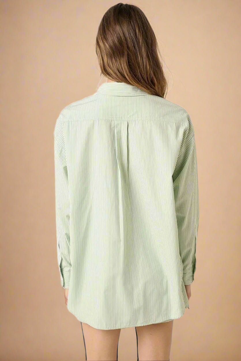 Mittoshop - Striped Button Down Shirt & Shorts Set in Sage/Ivory
