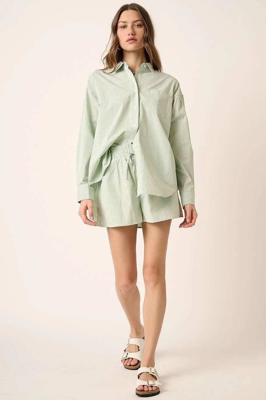 Mittoshop - Striped Button Down Shirt & Shorts Set in Sage/Ivory