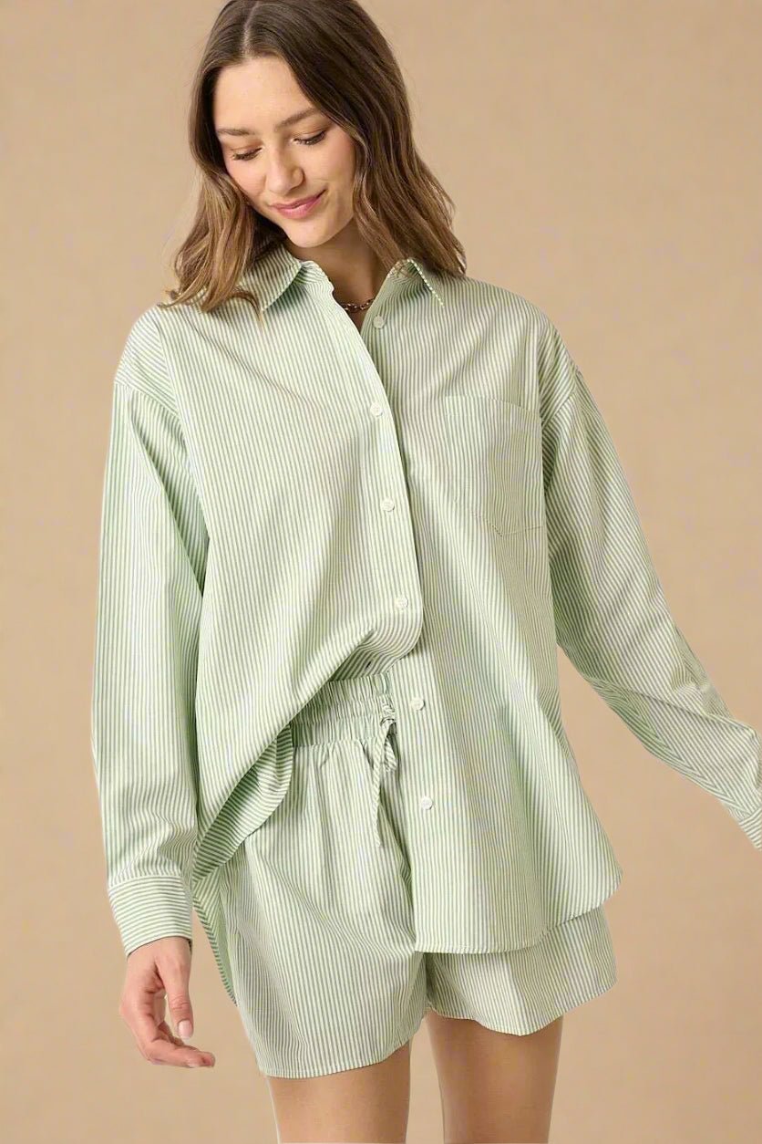 Mittoshop - Striped Button Down Shirt & Shorts Set in Sage/Ivory