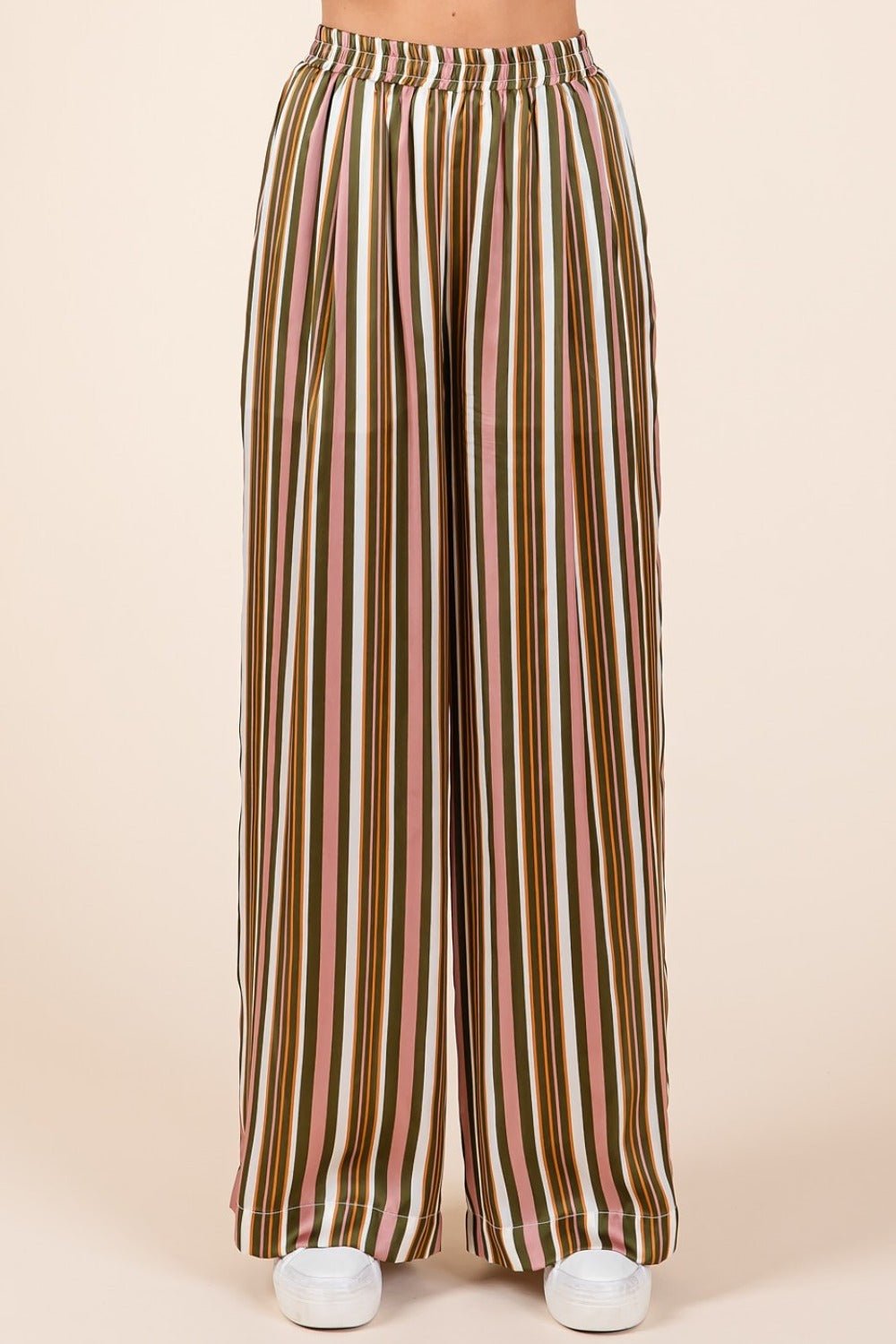 Mittoshop - Striped Elastic Waist Wide Leg Satin Pants in Mauve