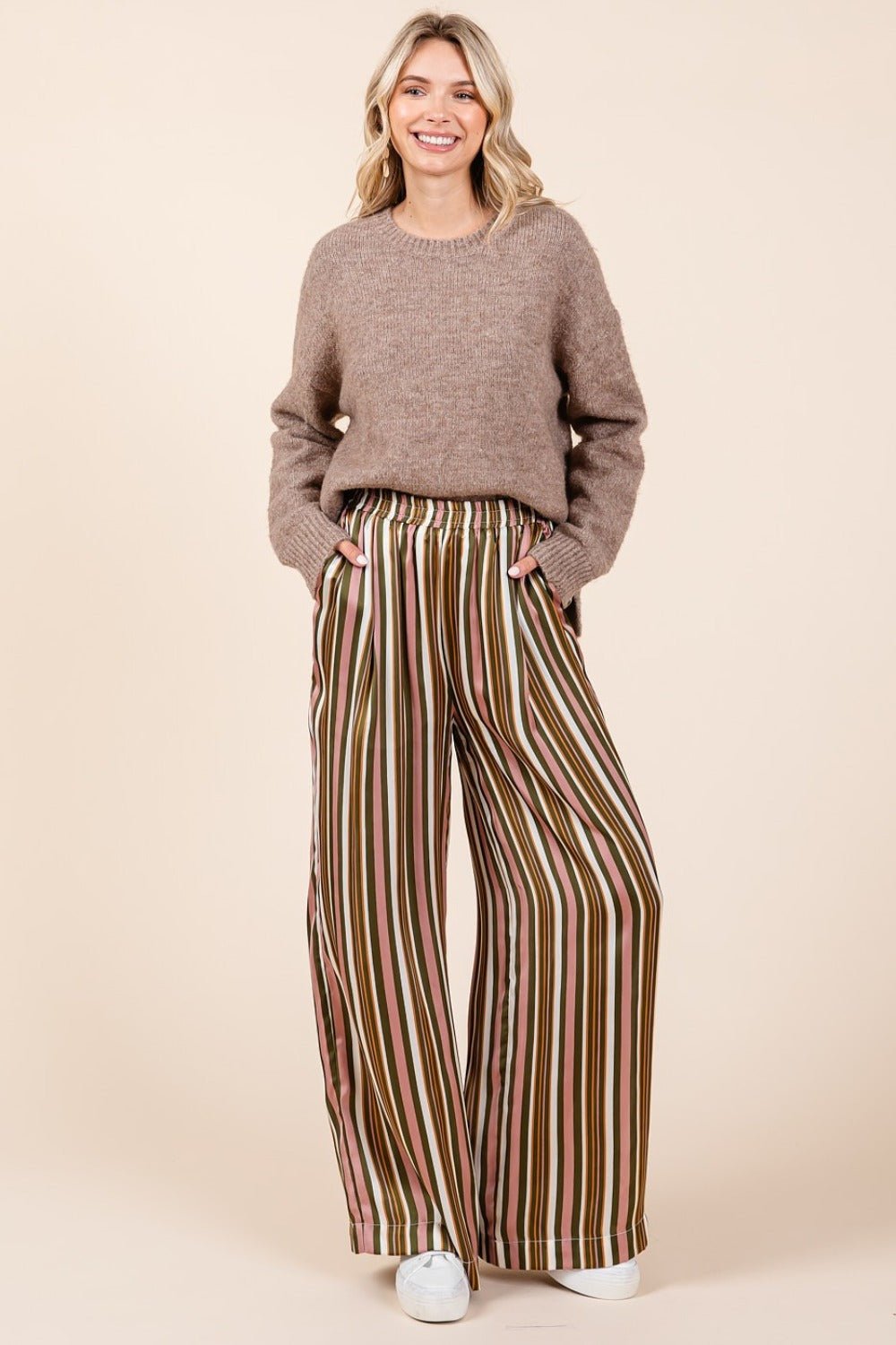 Mittoshop - Striped Elastic Waist Wide Leg Satin Pants in Mauve