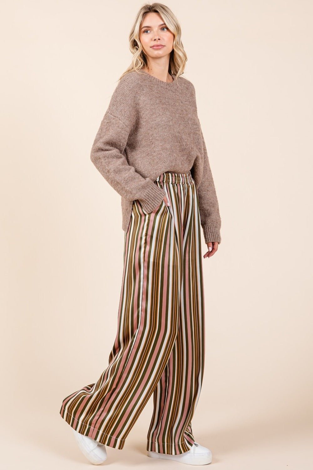 Mittoshop - Striped Elastic Waist Wide Leg Satin Pants in Mauve