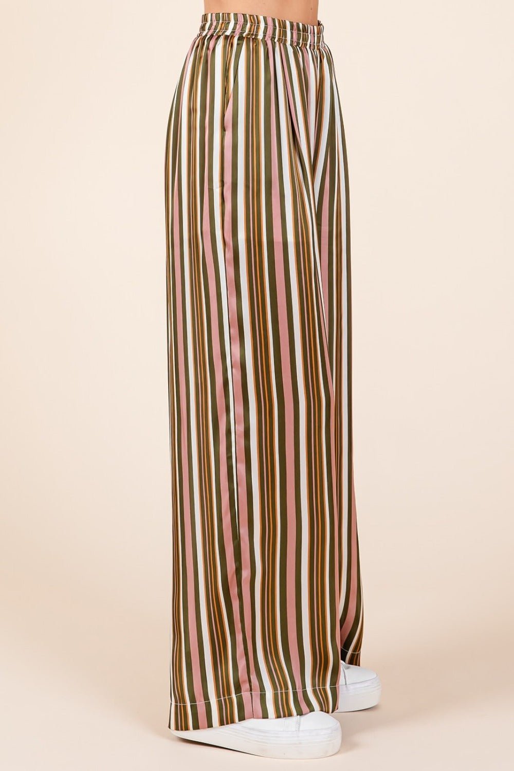 Mittoshop - Striped Elastic Waist Wide Leg Satin Pants in Mauve