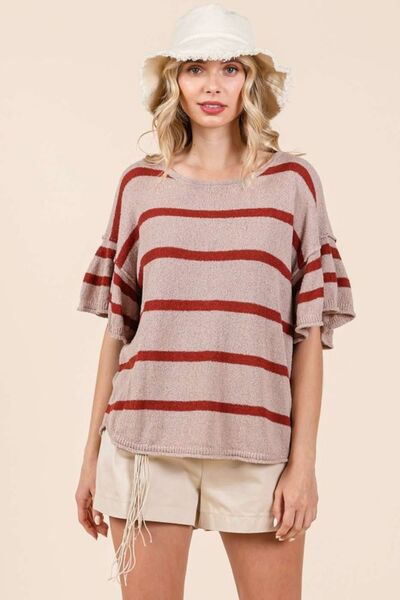 Mittoshop - Striped Flounce Sleeve Knit Top in Mocha & Rust