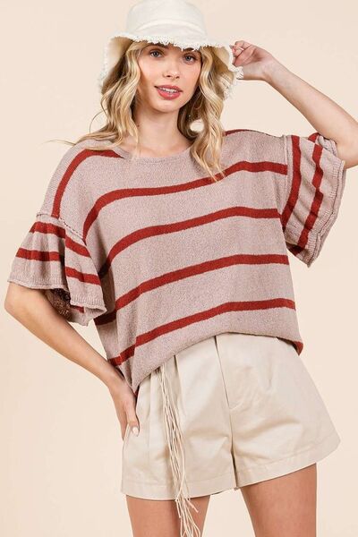 Mittoshop - Striped Flounce Sleeve Knit Top in Mocha & Rust