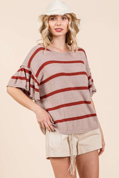 Mittoshop - Striped Flounce Sleeve Knit Top in Mocha & Rust