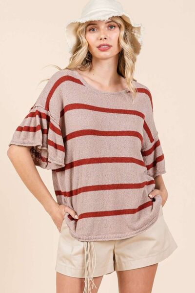 Mittoshop - Striped Flounce Sleeve Knit Top in Mocha & Rust