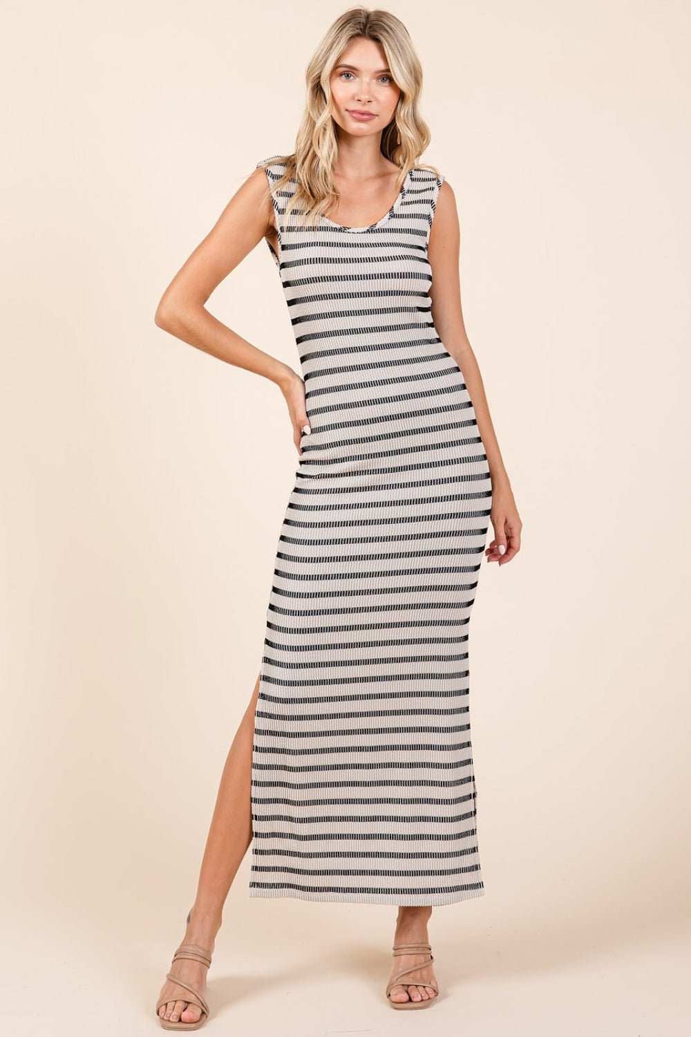 Mittoshop - Striped Scoop Neck Sleeveless Maxi Dress in Ivory