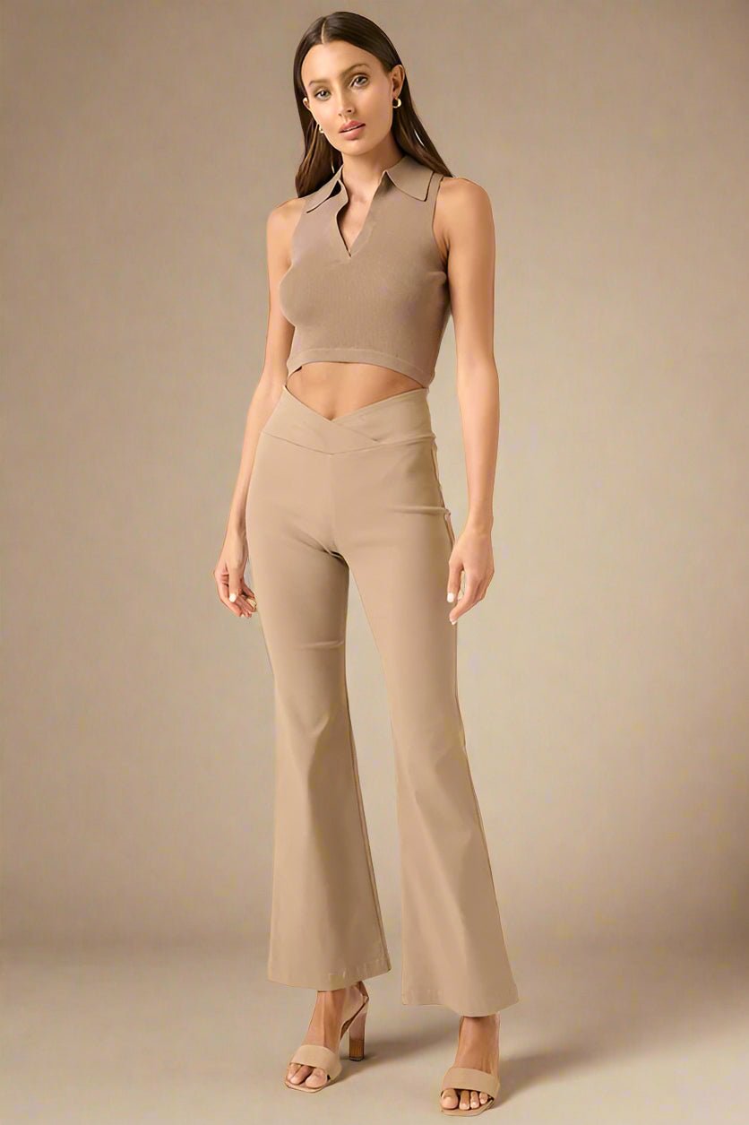 Mittoshop - Surplice V - Waist Flare Pants in Mocha