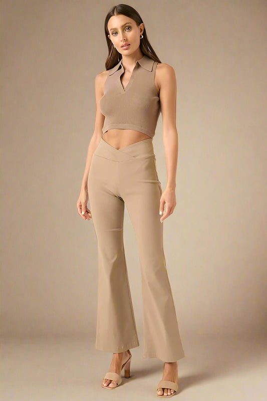 Mittoshop - Surplice V - Waist Flare Pants in Mocha