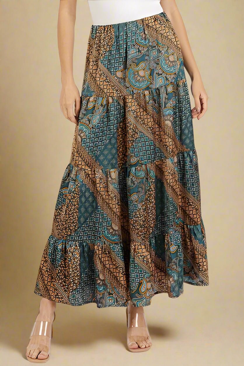Mittoshop - Teal Green Paisley Patchwork Satin Maxi Skirt