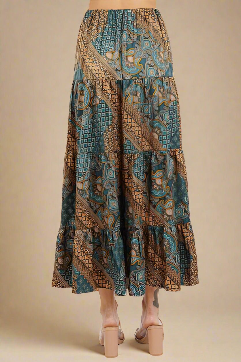 Mittoshop - Teal Green Paisley Patchwork Satin Maxi Skirt
