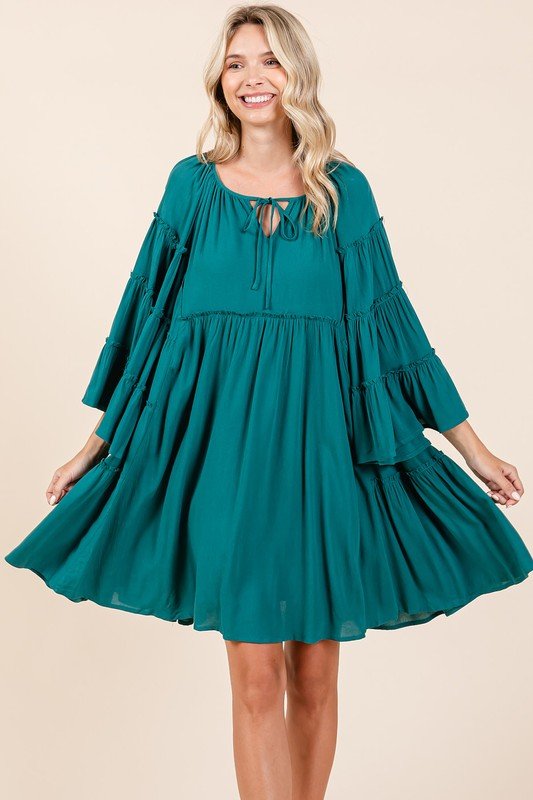 Mittoshop - Teal Green Tie Neck Bell Sleeve Mini Dress