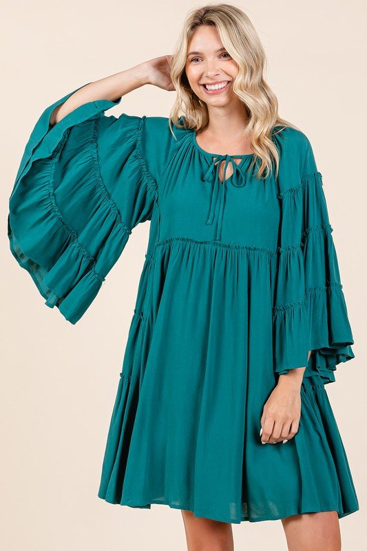 Mittoshop - Teal Green Tie Neck Bell Sleeve Mini Dress