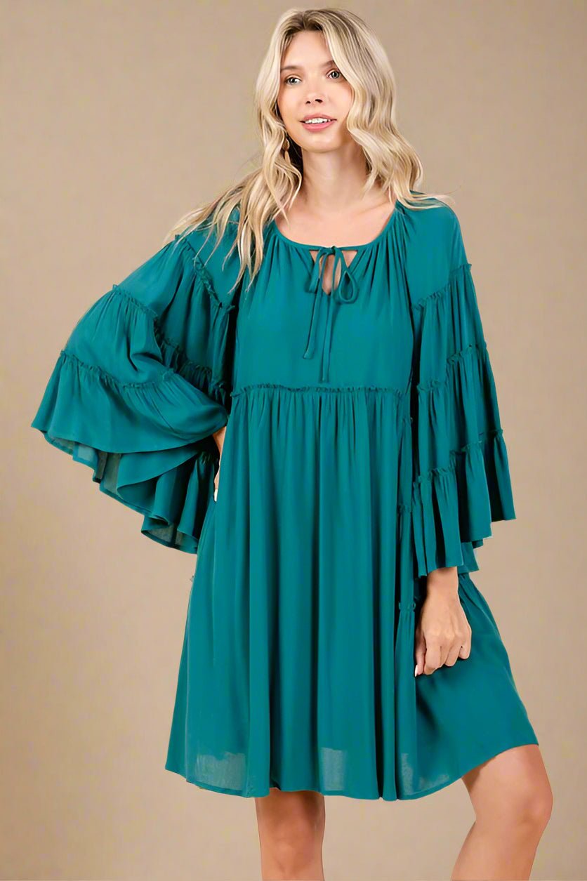 Mittoshop - Teal Green Tie Neck Bell Sleeve Mini Dress