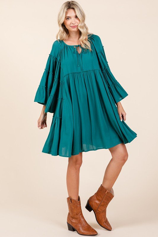 Mittoshop - Teal Green Tie Neck Bell Sleeve Mini Dress